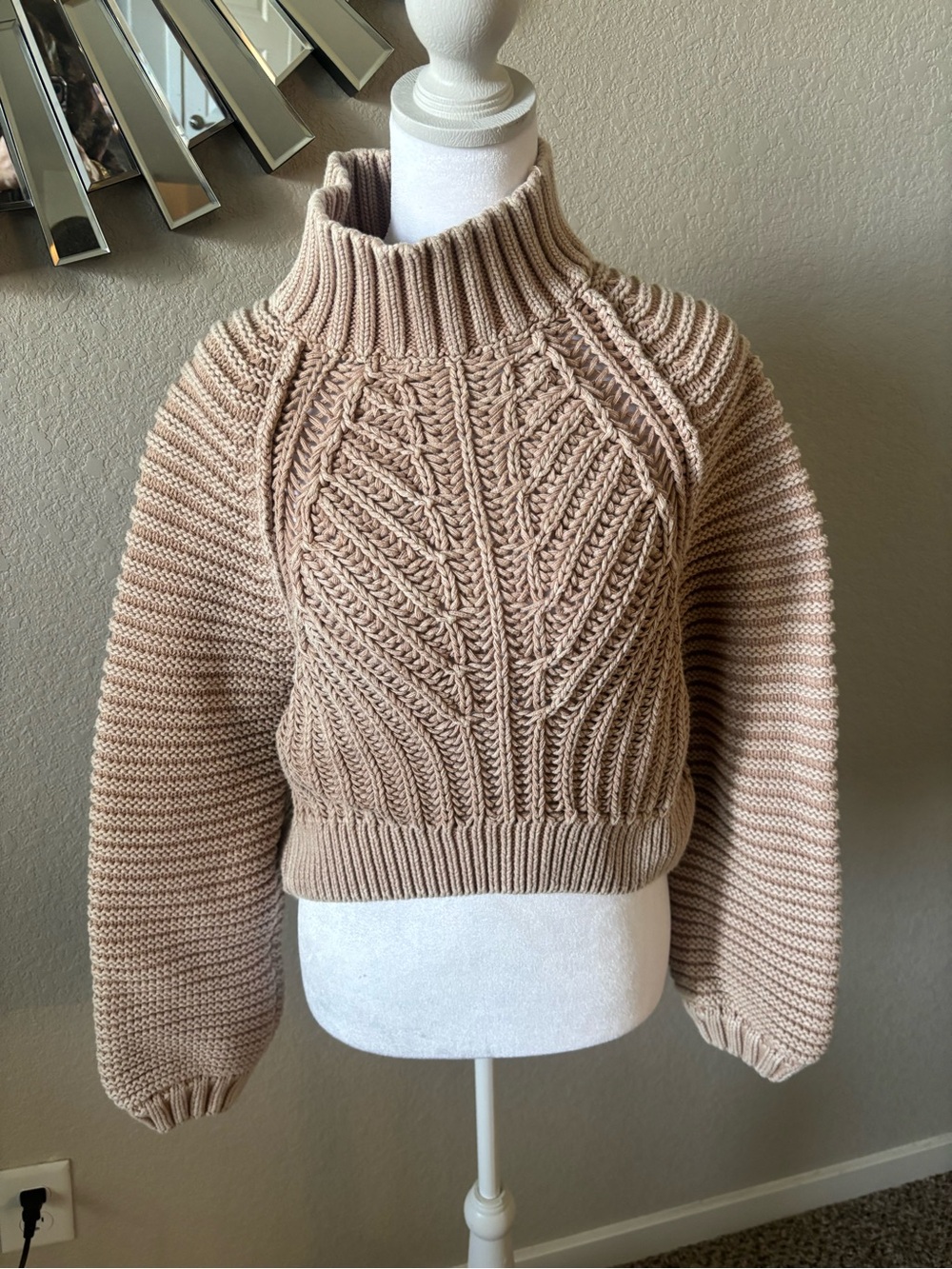 Free People Cropped Cable Knit Turtleneck Sweater - Beige
